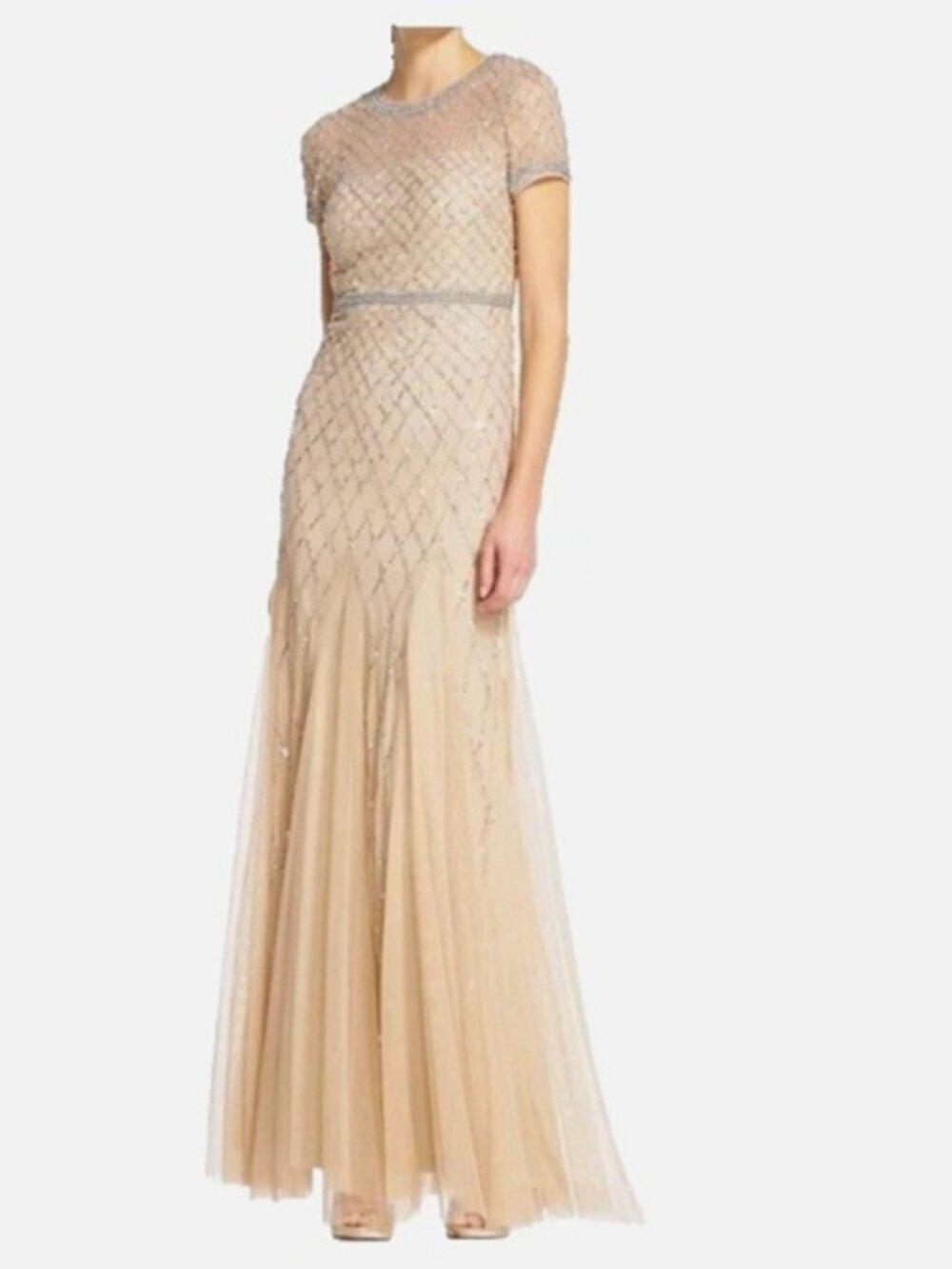 Adrianna Papell Short Sleeve Grid Beaded Gown | with Intricate Beading